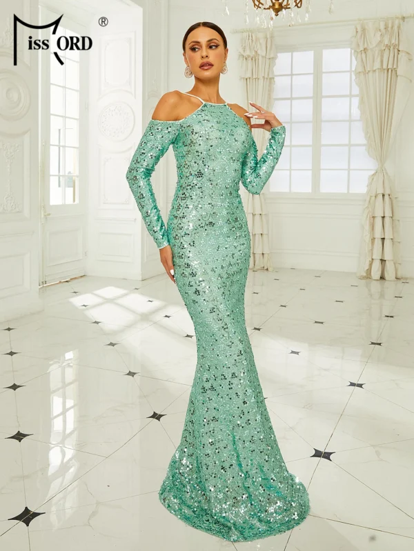 Green prom dress, off-shoulder sequin mermaid evening party gown