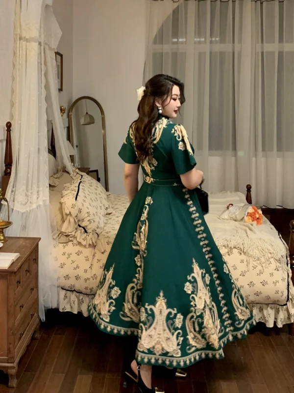 Green prom dress, floral printed short sleeves vintage evening gown - Image 4