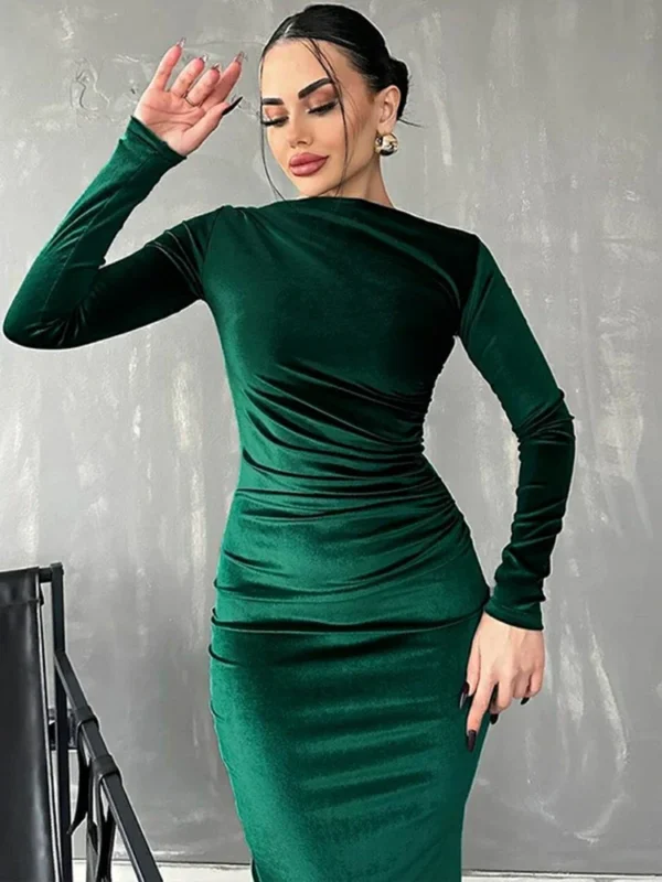Green prom dress, velvet long sleeve ruched midi evening gown