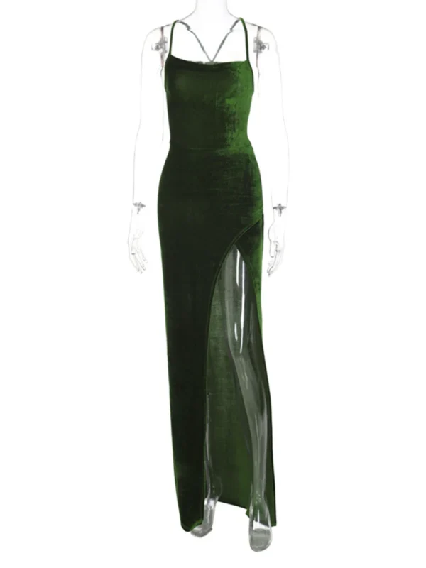 Green prom dress, velvet lace-up backless maxi side slit bodycon - Image 6