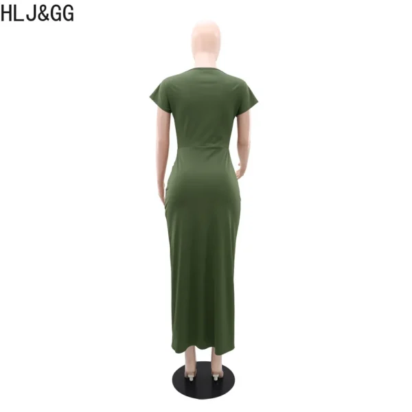 Green prom dress, solid drawstring slit bodycon slim short sleeve gown - Image 5