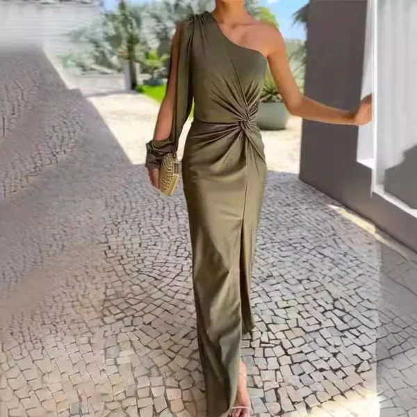 Green prom dress, sexy one-shoulder satin asymmetrical ruched midi gown - Image 3