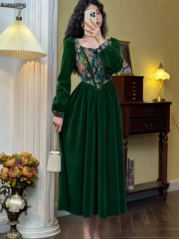 Green Prom Dress: Vintage France Velvet Floral A-line Party Dress