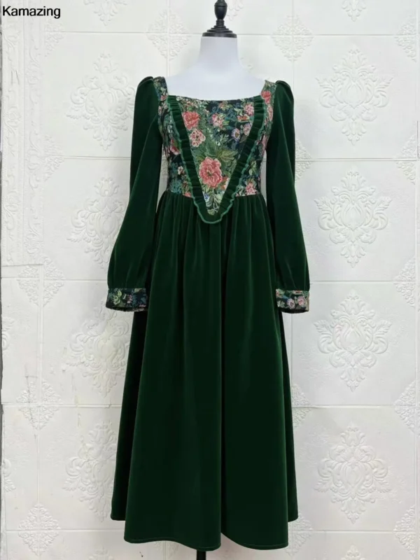 Green Prom Dress: Vintage France Velvet Floral A-line Party Dress - Image 5