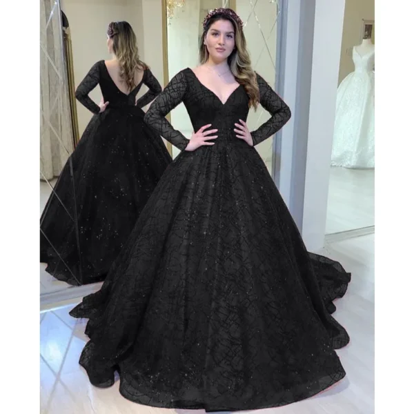 Green prom dress, shiny v-neck long sleeve formal evening gown - Image 4