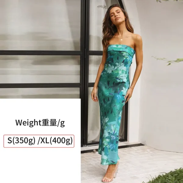 Green prom dress, satin backless bra printed evening party gown - Image 3