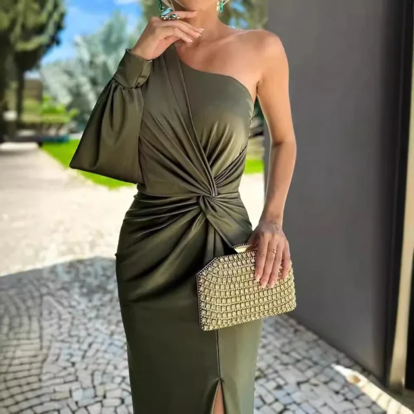 Green prom dress, sexy one-shoulder satin asymmetrical ruched midi gown