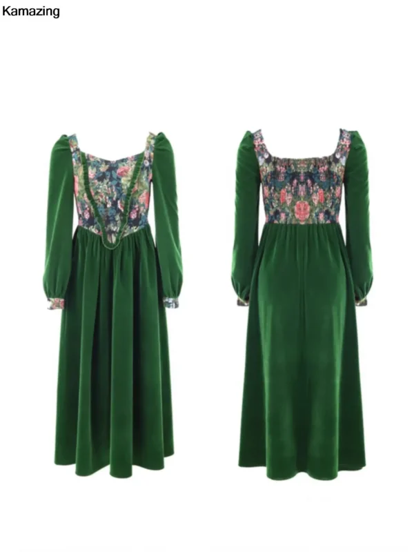 Green Prom Dress: Vintage France Velvet Floral A-line Party Dress - Image 7