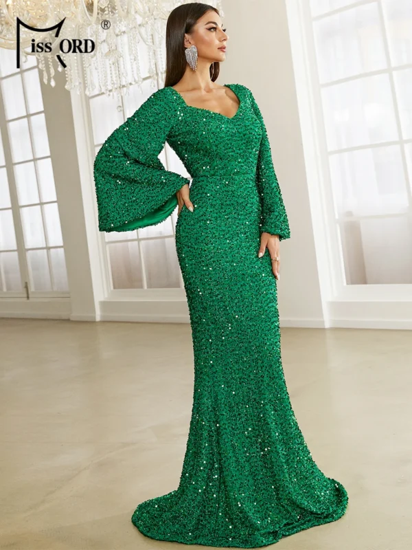 Green Prom Dress Sequin Mermaid Gown Sweetheart Neck Flare Sleeves - Image 4