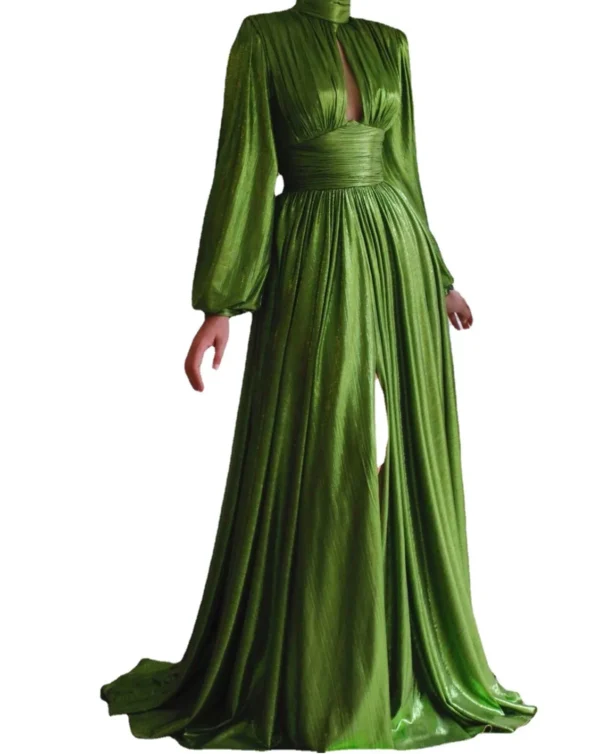 Green prom dress, shiny olive boho long sleeve evening gown