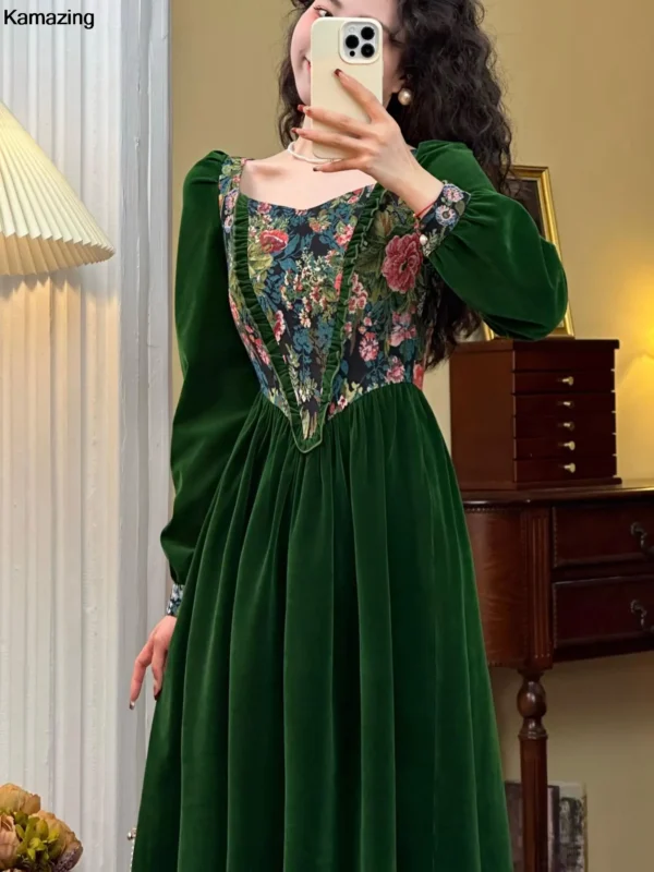 Green Prom Dress: Vintage France Velvet Floral A-line Party Dress - Image 4