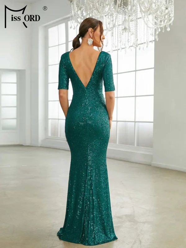 Elegant green prom dresses with sequin V-neck, half sleeves, and split skirt - Image 2