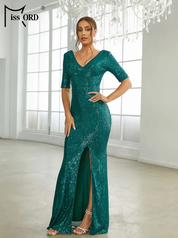 Elegant green prom dresses with sequin V-neck, half sleeves, and split skirt - Image 5