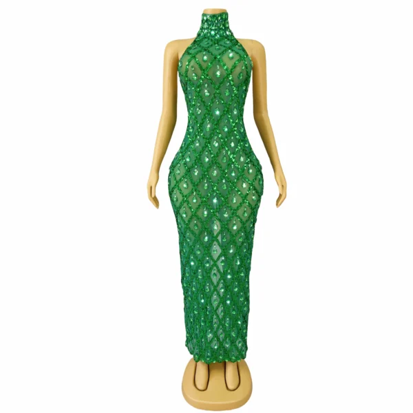 Green Prom Dress: Sexy Backless Sparkly Turtleneck Evening Gown