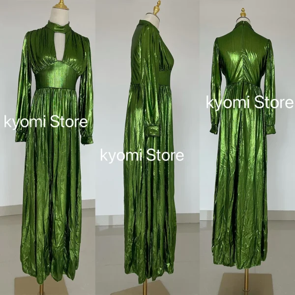 Green prom dress, shiny olive boho long sleeve evening gown - Image 6