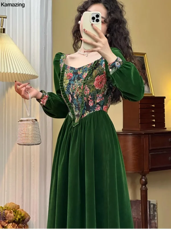 Green Prom Dress: Vintage France Velvet Floral A-line Party Dress - Image 3