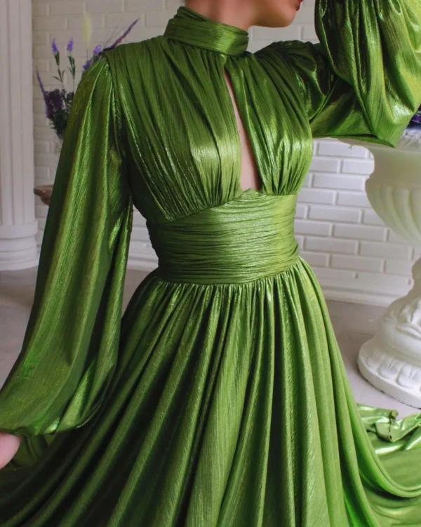 Green prom dress, shiny olive boho long sleeve evening gown - Image 4