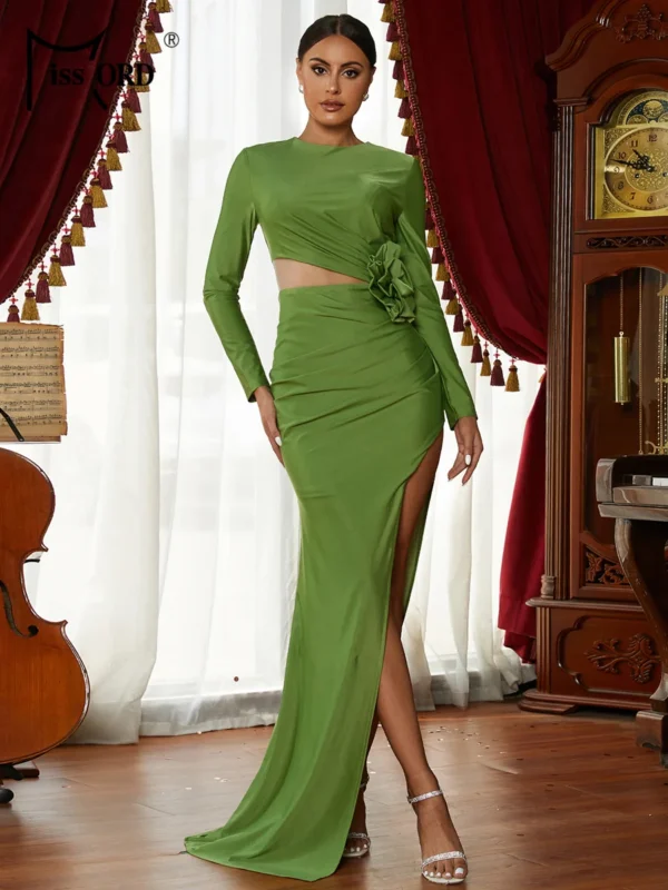 Green prom dress, elegant O-neck long sleeve appliqué thigh split gown
