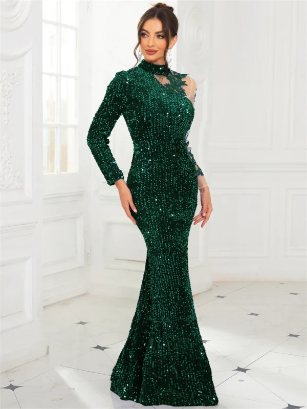 Green prom dress, blue sequin lace velvet high neck evening gown - Image 3