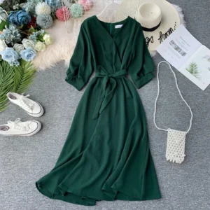 New Women Casual Green V-Neck Belted Summer Vintage Korean Dress