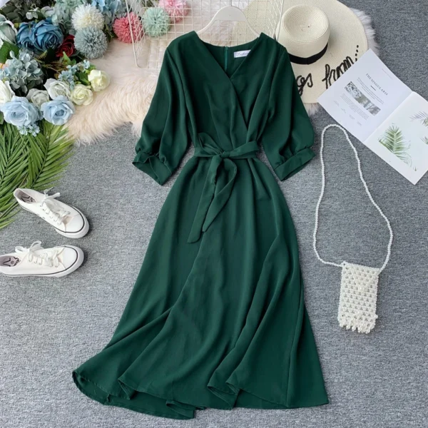 New Women Casual Green V-Neck Belted Summer Vintage Korean Dress