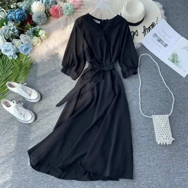 New Women Casual Green V-Neck Belted Summer Vintage Korean Dress - Image 3