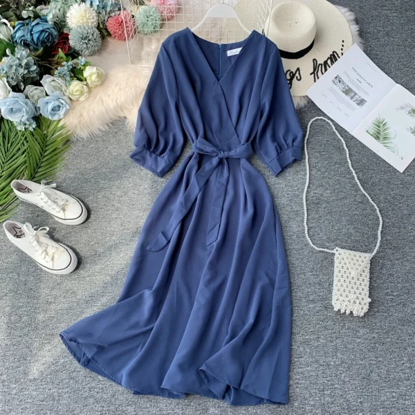New Women Casual Green V-Neck Belted Summer Vintage Korean Dress - Image 4