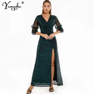 Vintage Green Prom Dress Sequin Bodycon Maxi Evening Dress