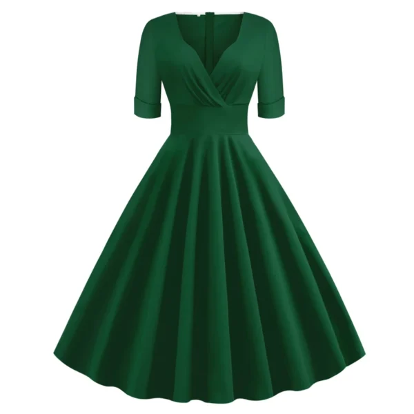 Green Vintage 1950s Ruched V Neck A-Line Midi Dress Elegant Summer Party