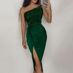 Sexy Green Prom Dress Off-Shoulder Satin Mermaid Sequin Slit Gown
