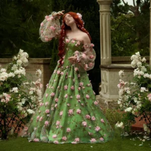 Fairy Green Prom Dress Floral Applique Tulle Puff Sleeve Ball Gown