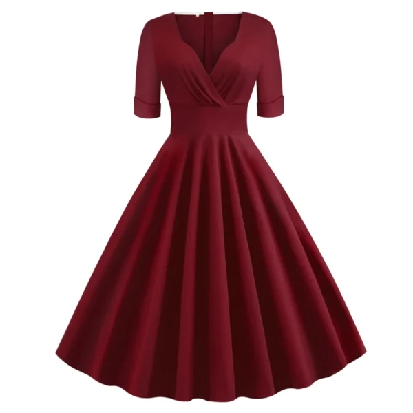 Green Vintage 1950s Ruched V Neck A-Line Midi Dress Elegant Summer Party - Image 2