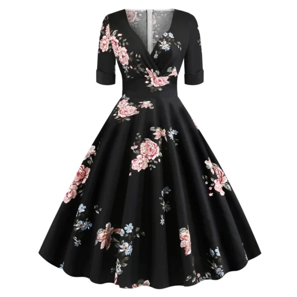 Green Vintage 1950s Ruched V Neck A-Line Midi Dress Elegant Summer Party - Image 3