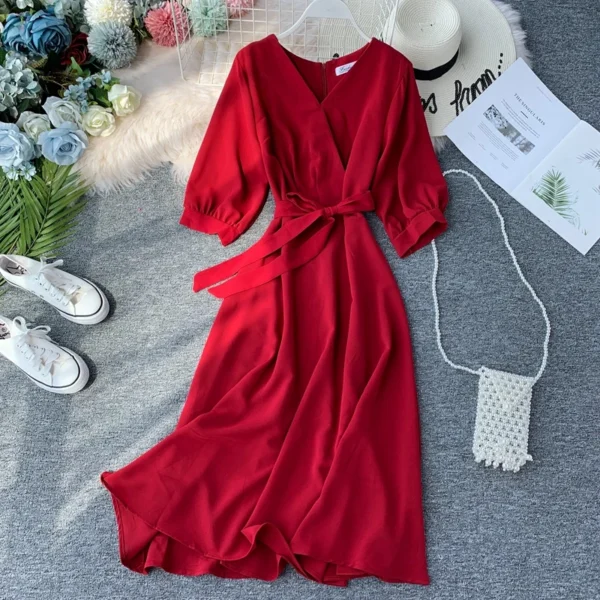 New Women Casual Green V-Neck Belted Summer Vintage Korean Dress - Image 2