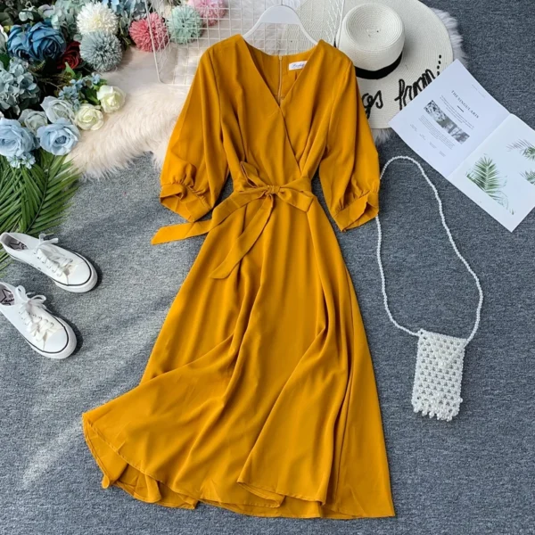New Women Casual Green V-Neck Belted Summer Vintage Korean Dress - Image 5