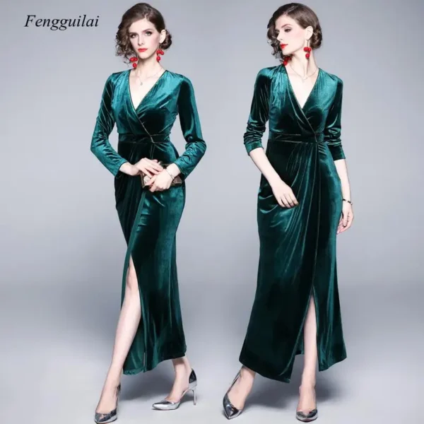 High Quality Green Velvet V-Neck Long Sleeves Party Dress Women