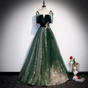 Velvet Green Prom Dress Tulle A-Line Gold Detail Party Ball Gown