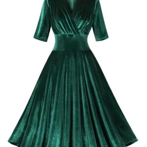 Elegant Green Prom Dress Velvet V-Neck Ruched High Waist Swing Dress