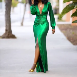 Sexy Green Prom Dress V-Neck Long Sleeve Bodycon Maxi Party Dress