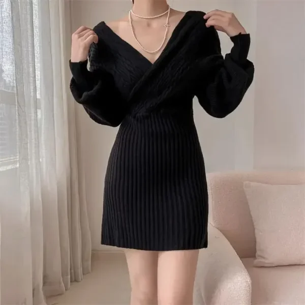 Women Green V-Neck Knit Crochet Dress Sexy Y2K Streetwear Jumper - Image 6