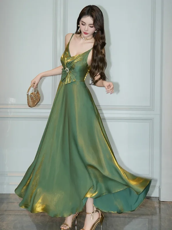 Celebrity Style Sexy Green Strap Bow High Waist Long Gown Party - Image 2