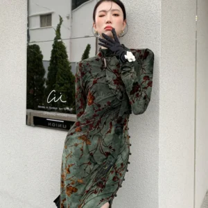 Vintage Green Prom Dress Floral Qipao High Slit Midi Dress