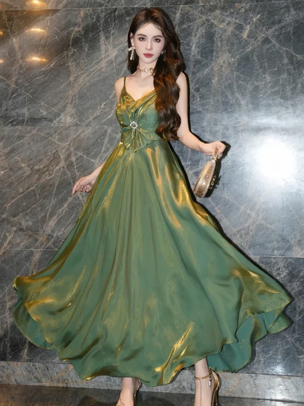 Celebrity Style Sexy Green Strap Bow High Waist Long Gown Party