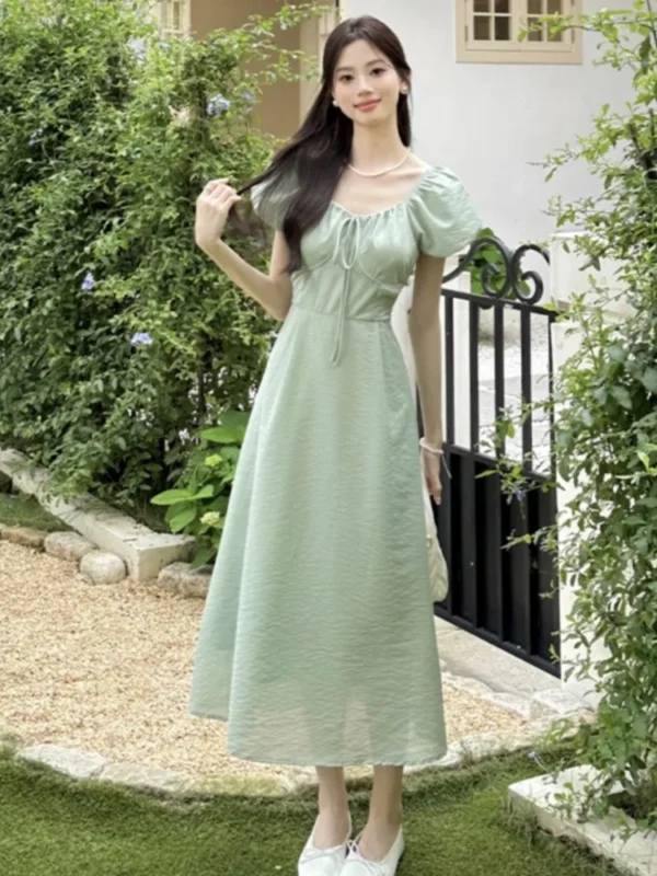 Summer Green High Waist Lace Chiffon Puff Sleeve Dress Women - Image 3