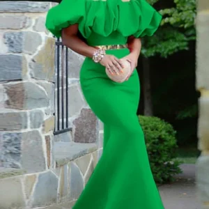 Glam Green Prom Dress Bare Shoulder Mermaid Puffy Ball Gown Evening Dress
