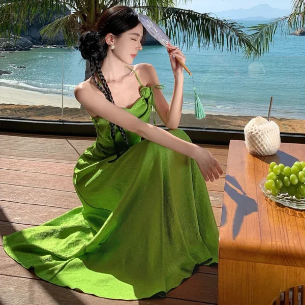 Green Sleeveless Pleated Halter Bandage Long Dress Evening Party - Image 6