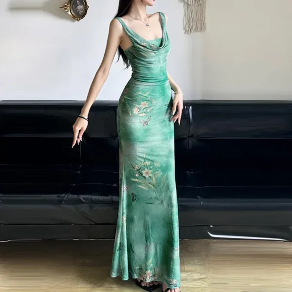 Mint Green Ruffle Mesh Dress With Butterfly Print Slim Waist Long Gown - Image 3