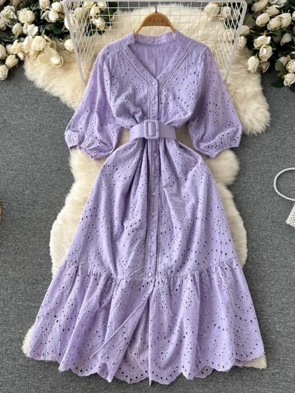 Green White Korean Chic Lace Flower Waist Summer Dress For Women 2025 - Image 4