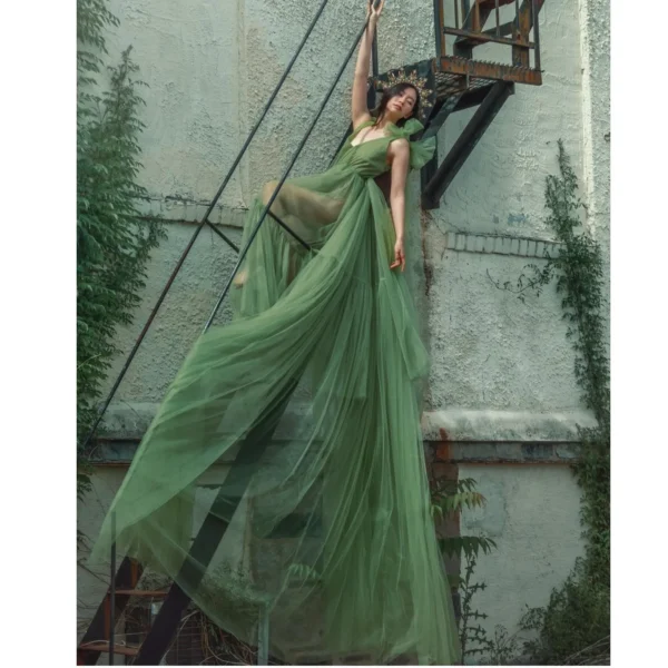 Garden Green See Thru Tulle Maternity Dress With Train For Photoshoot