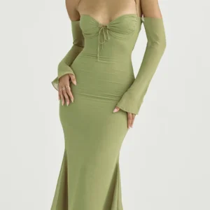 Elegant Pea Green Halter Off Shoulder High Waist Evening Party Dress